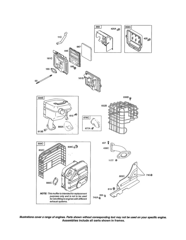 Muffler/Air Cleaner Diagram and Parts List for 21T200 0110-0116 Briggs and Stratton Engine